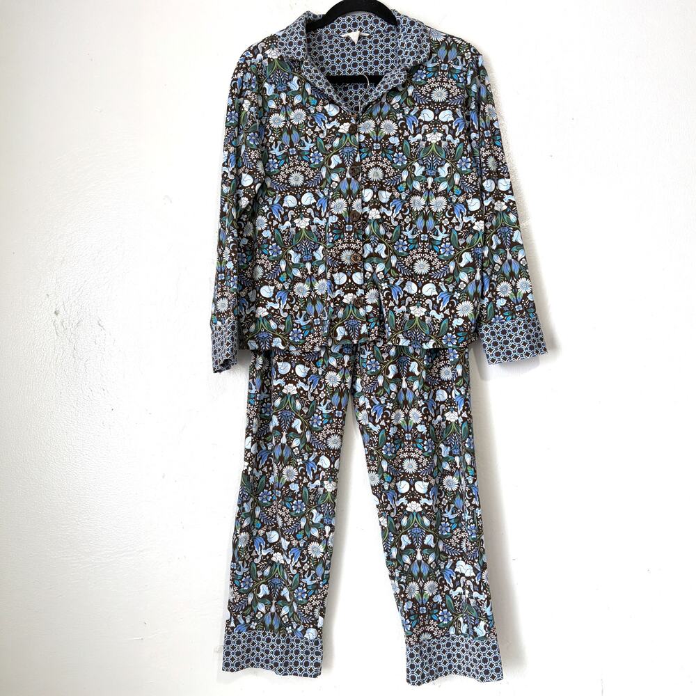 Vera Bradley 100% Cotton Forest Notch Collar Pajama Set Blue Brown Size S